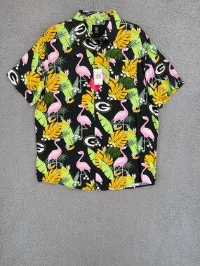 Green Bay Packers Mens Large short sleeve button up Tropical Flamingo Camp Shirt